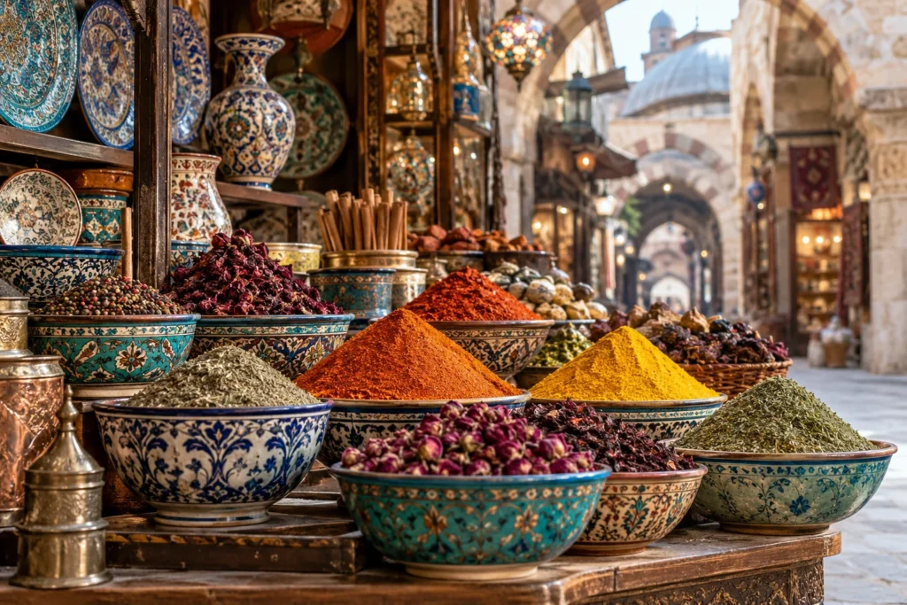 Istanbul spice market with colorful herbs and ceramic bowls (illustrative)