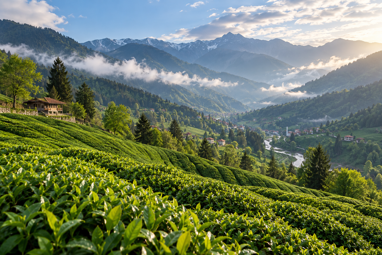 Illustrative Rize highland landscape with tea-covered hills; AI-generated.