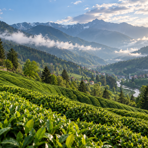 Illustrative Rize highland landscape with tea-covered hills; AI-generated.